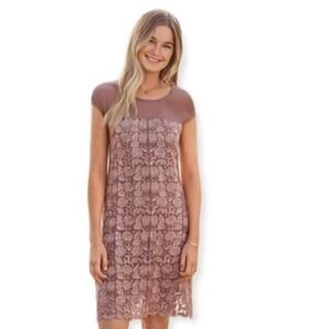 Sundance Angelica taupe embroidered lace and mesh dress Women XL Floral Mauve